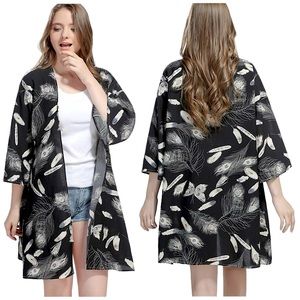 Feather Print Open Front Cardigan Shawl Kimono